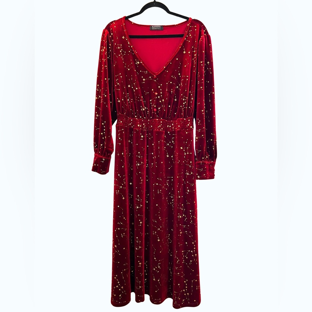 BloomChic Velvet Midi Dress w/ Gold Star Print – Raspberry Red (Size 18)